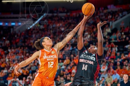 Nia Coffey of Valencia Basket Club and Mariam Coulibaly of Spar Girona in action during match of the Spanish Women's Basketball League, Liga Femenina Endesa, gameday 25 between Valencia Basket Club and Spar Girona at Roig Arena on March 22, 2026 in Valenc
